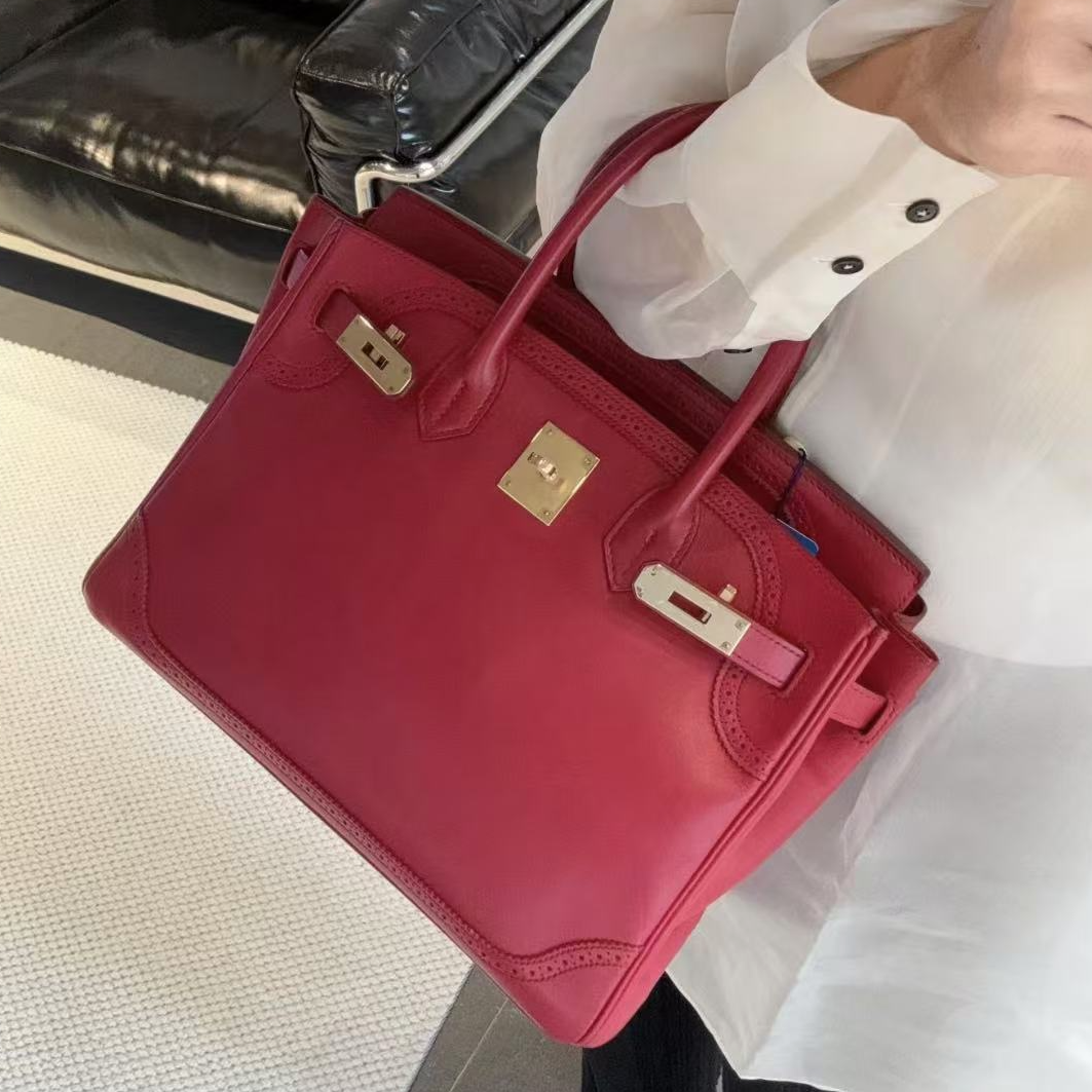 99新 Hermes/爱马仕 birkin30/ 宝石红蕾丝浅金扣 Box皮 框P刻
