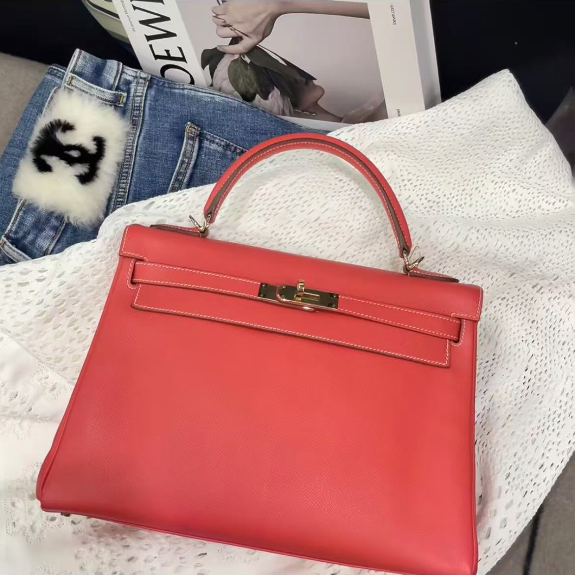 95新 Hermes/爱马仕 kelly32 T5斋普尔蜜桃粉香槟金扣Ep皮 框P