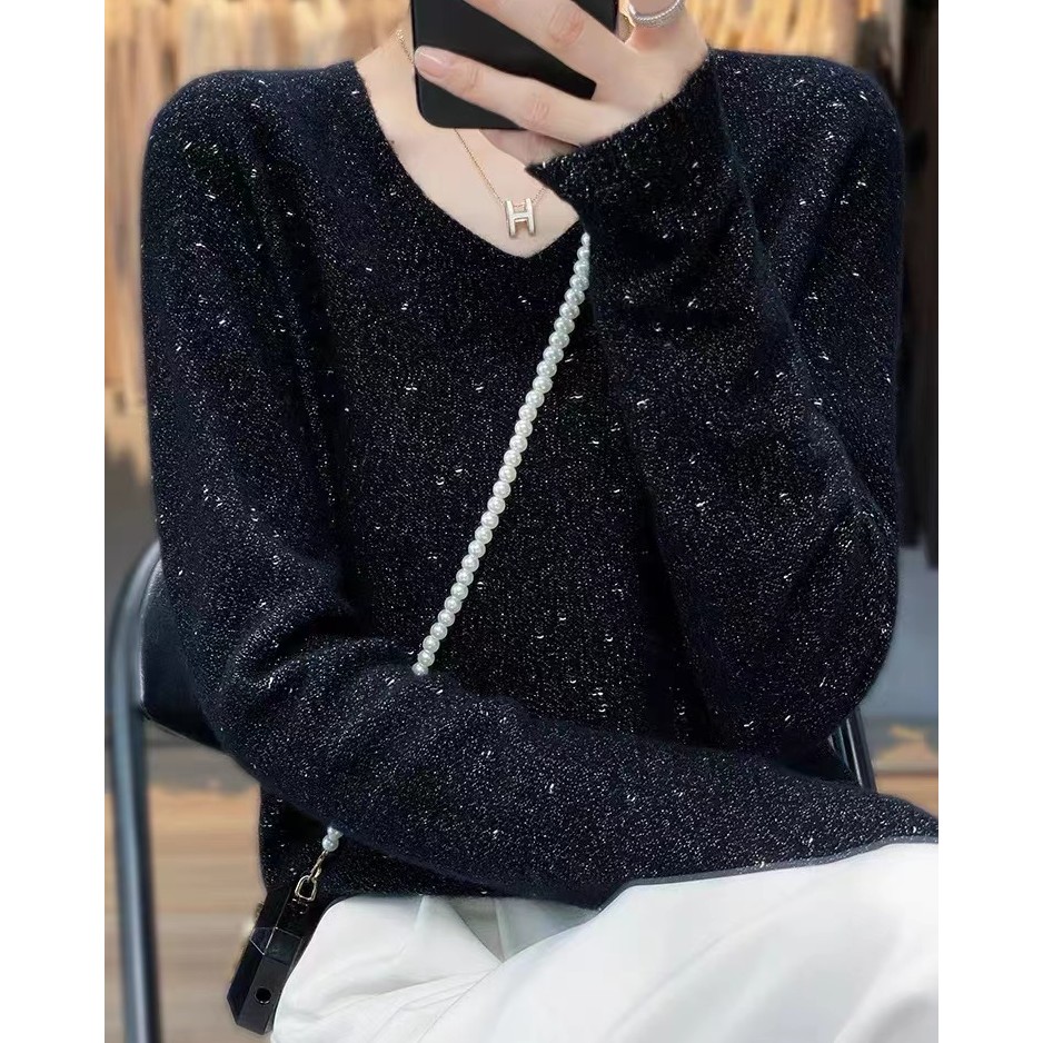 白家【满天星】V领金豆子无缝长袖上衣03-3012