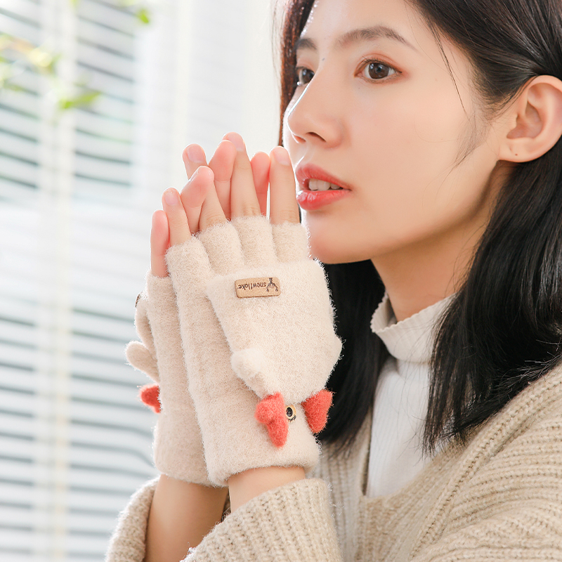 手套女学生韩版可爱冬季骑车女士半指鹿角手套写字加绒秋季保暖天