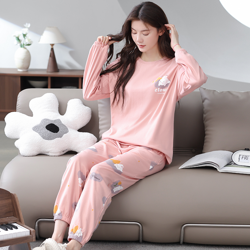 睡衣长袖长裤100%纯棉加厚秋冬女可外穿百搭简约风纯棉舒适家居服