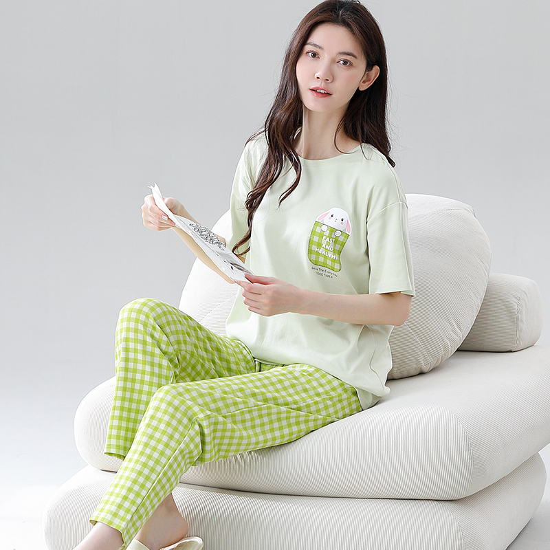 100%全棉短袖长裤睡衣家居服女夏季可外穿简约格子套装纯棉舒适