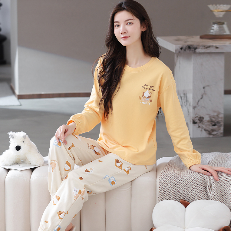 100%纯棉加厚春秋季长袖睡衣女外穿百搭简约大码舒适家居服春秋款