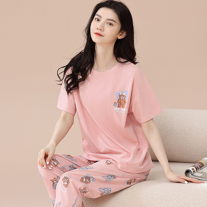 100%全棉短袖长裤睡衣家居服女夏季可外穿时尚简约休闲纯棉舒适