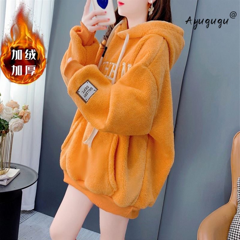 羊羔毛刺绣连帽卫衣女加绒加厚2023秋冬新款韩版宽松百搭上衣外套