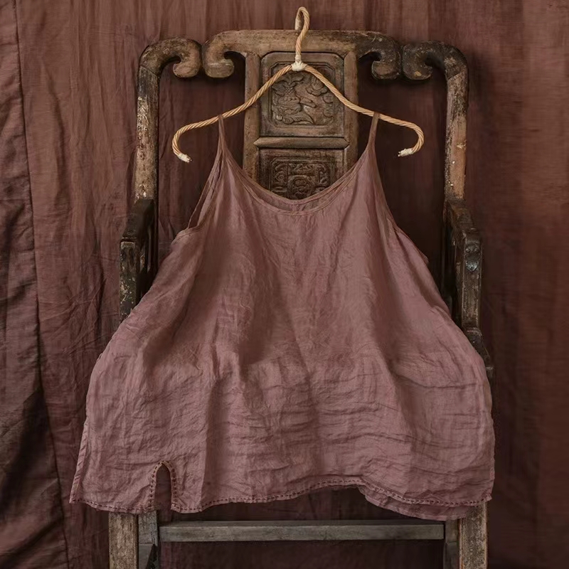 14051原创高支轻薄苎麻吊带休闲百搭打底混搭开衩手工缝线背心女