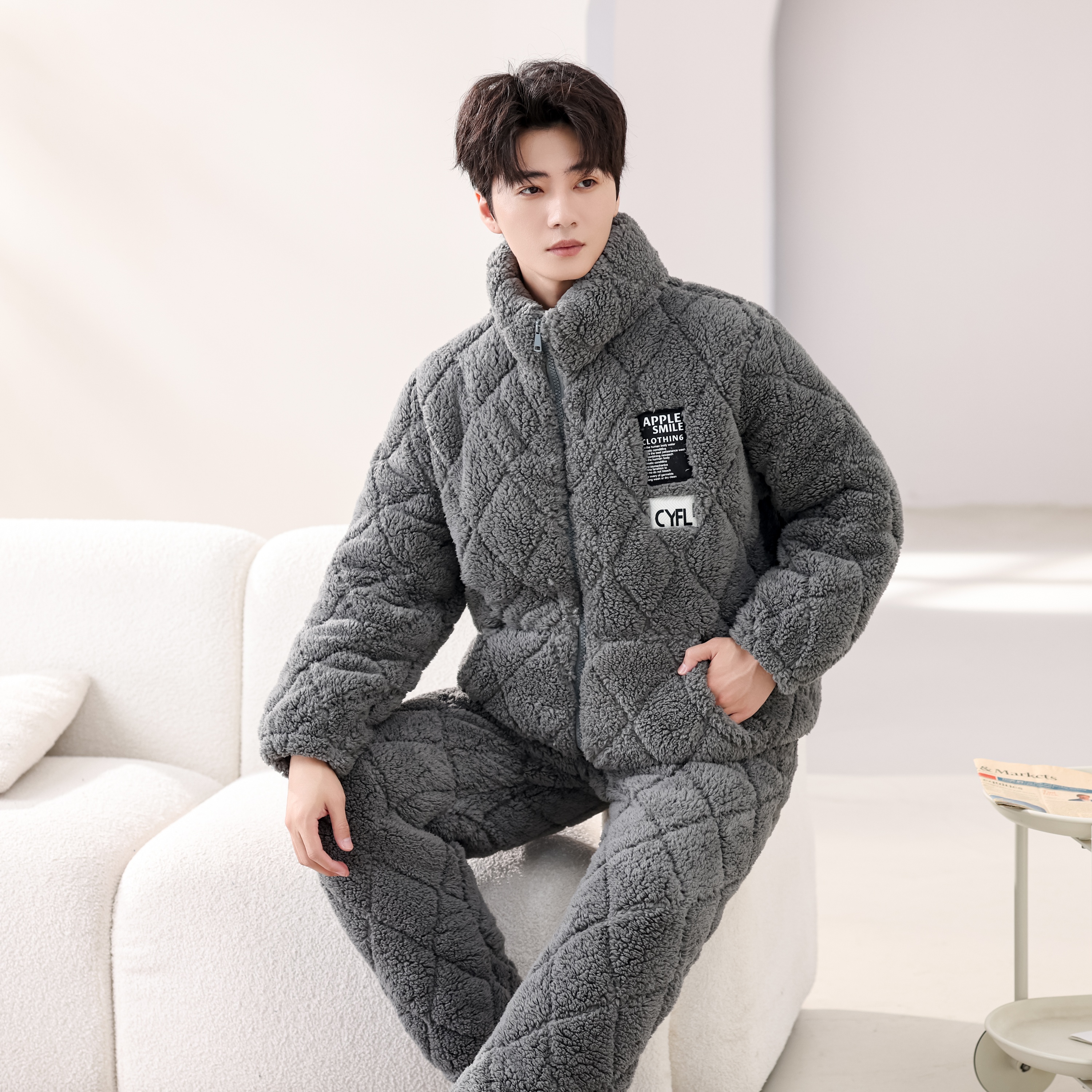 男士冬季睡衣加厚加绒三层夹棉家居服套装加大码法兰绒可外穿棉袄