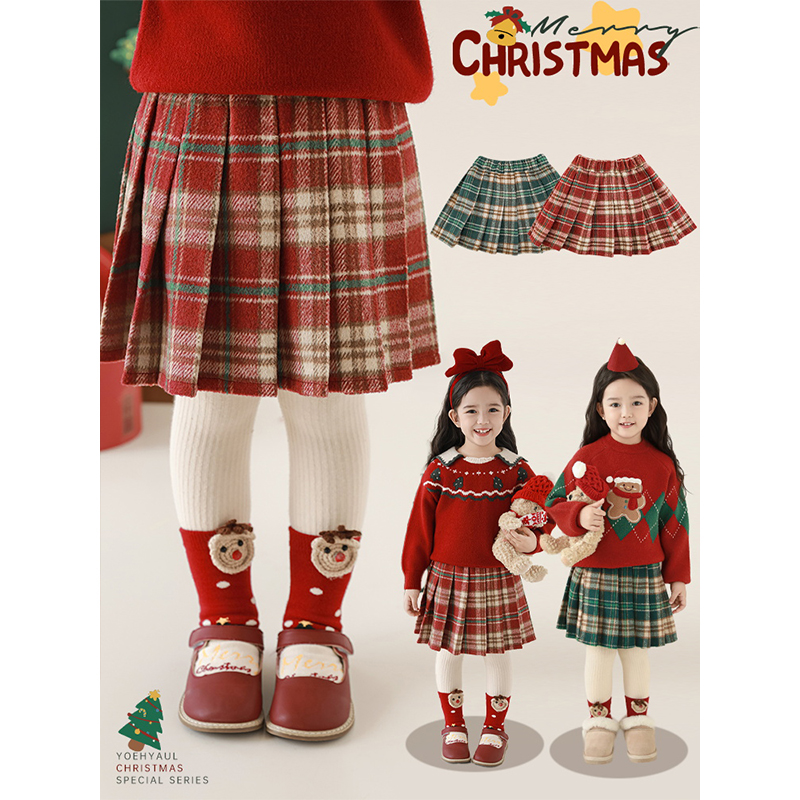 YOEHYAUL/幼悠幼悠【撞色格纹】冬五波秋冬洋气格子百褶半裙D3879