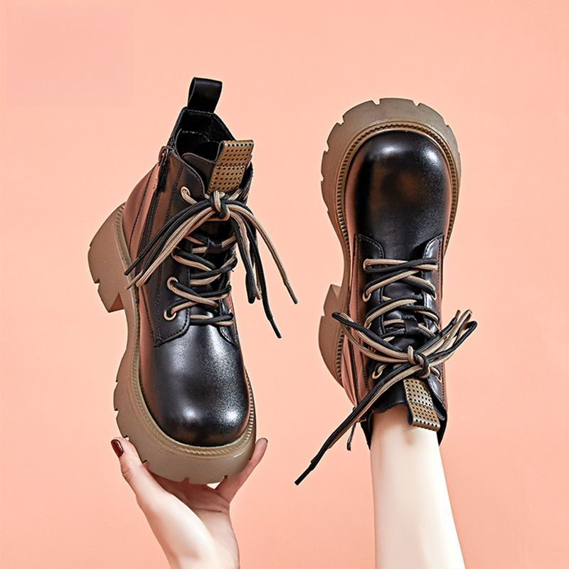 意尔康公主ins马丁靴女2023新款粗跟厚底靴子小个子显高英伦风炸