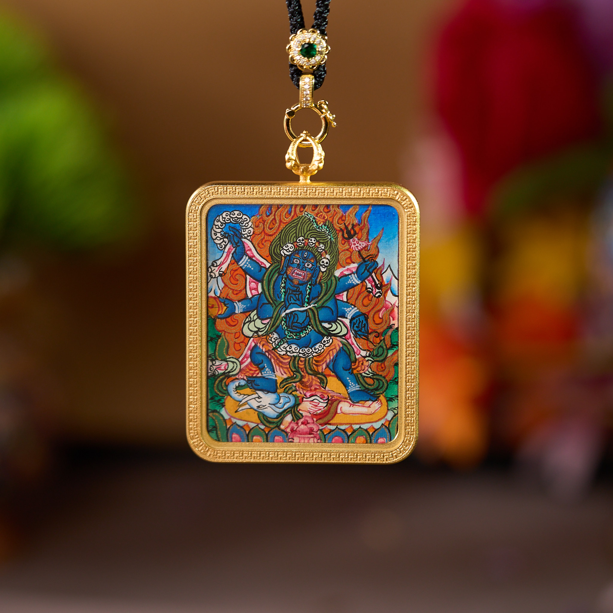 铁合金大理石吊坠 藏风文玩大黑天唐卡彩色装饰吊坠项链A3