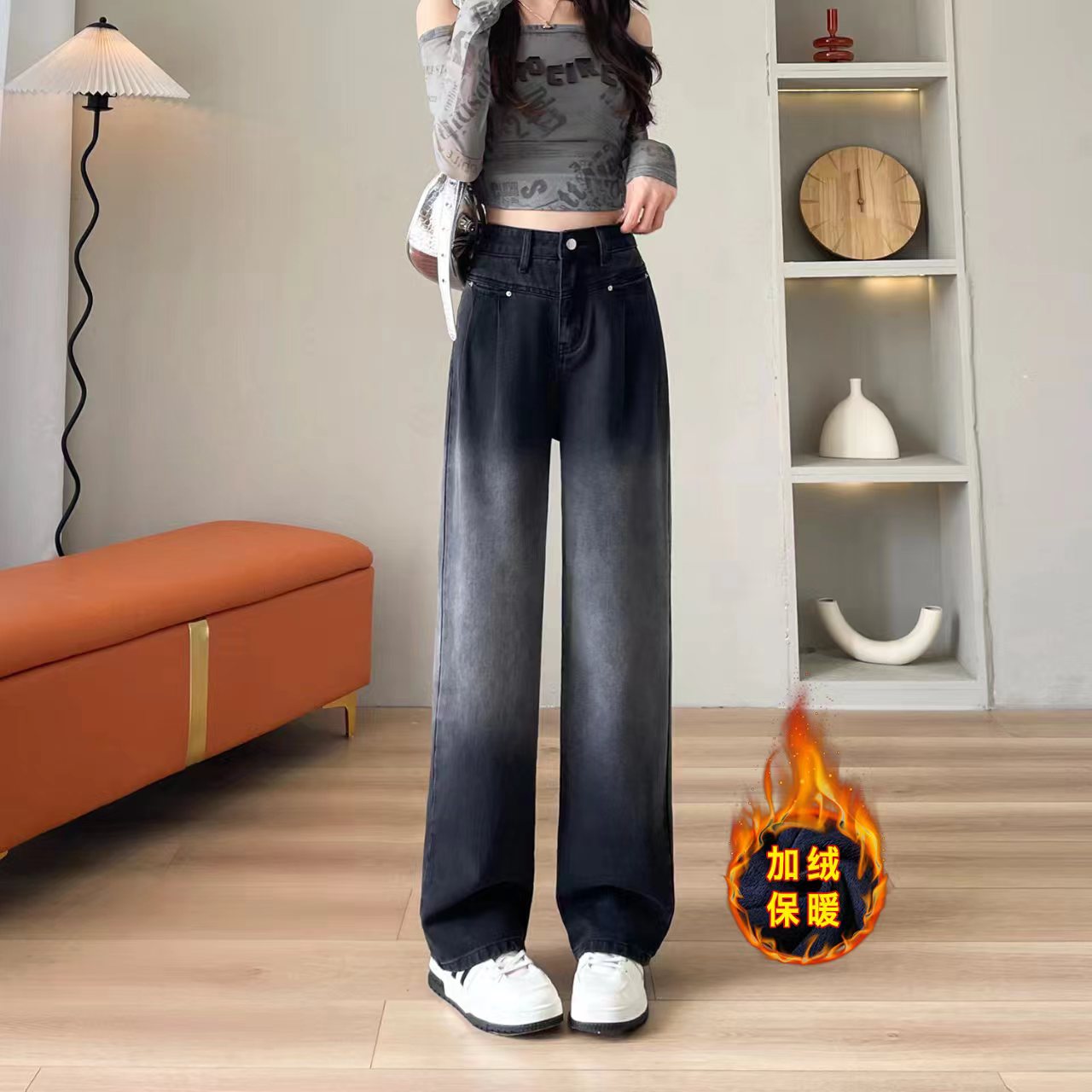 150cm显高小个子阔腿牛仔裤女秋冬加绒高腰145八分窄版拖地裤子XS