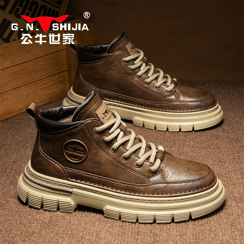 公牛世家男士马丁靴冬季高帮工装男鞋英伦风加绒短靴中帮休闲靴子商品图