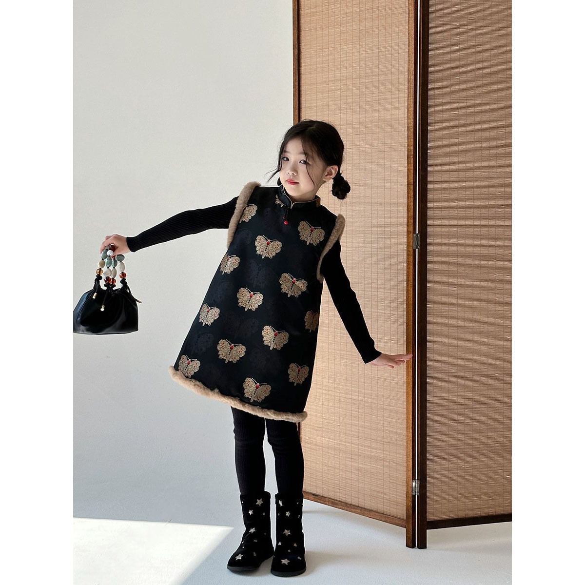 女童新中式夹棉旗袍裙2023秋冬款中小童时尚复古国风汉服裙拜年服