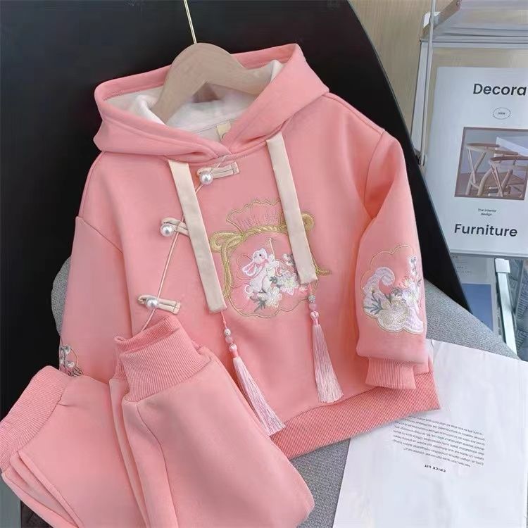 女童冬装套装2023新款加绒卫衣宝宝冬季国风拜年儿童新年裤子两件