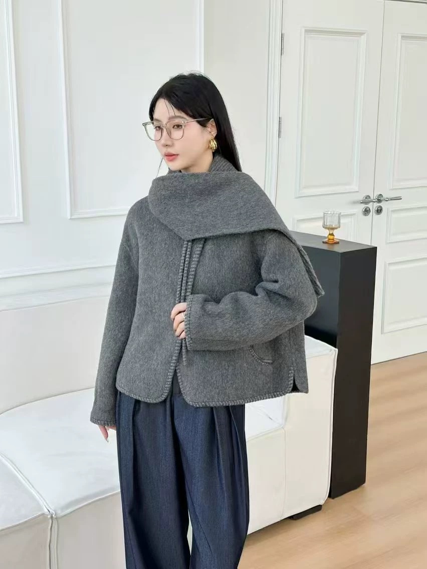 68123短款围巾款双面大衣女2025年新款毛呢外套