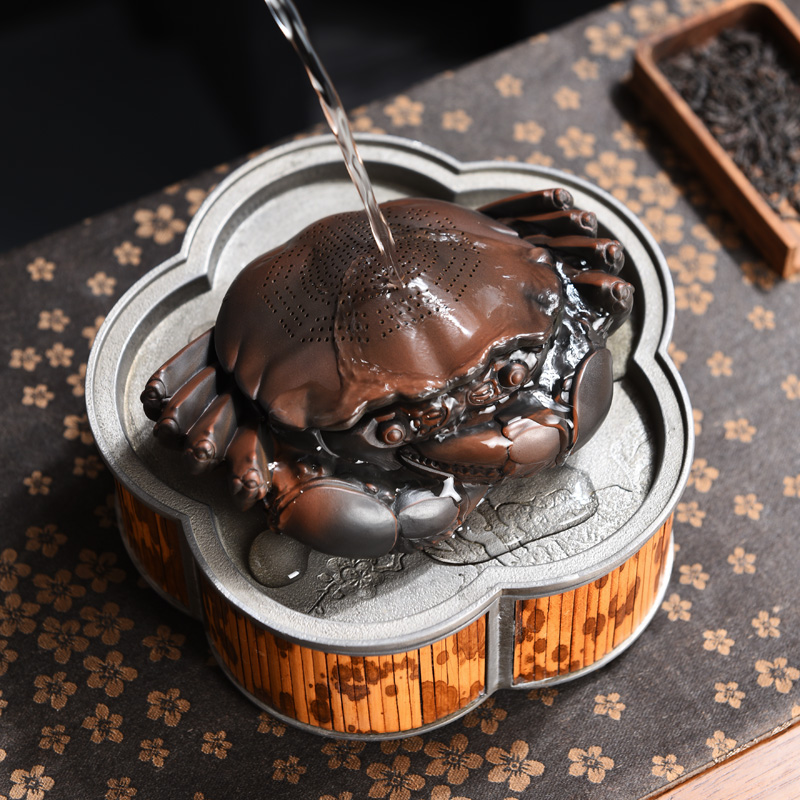 新款紫陶螃蟹茶滤茶宠摆件八方来财可养茶漏过滤茶叶功夫茶道配件