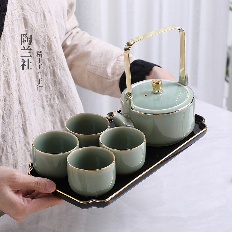 陶瓷简约提梁壶茶具茶杯套装清新一壶四杯家用大容量泡茶壶带托盘