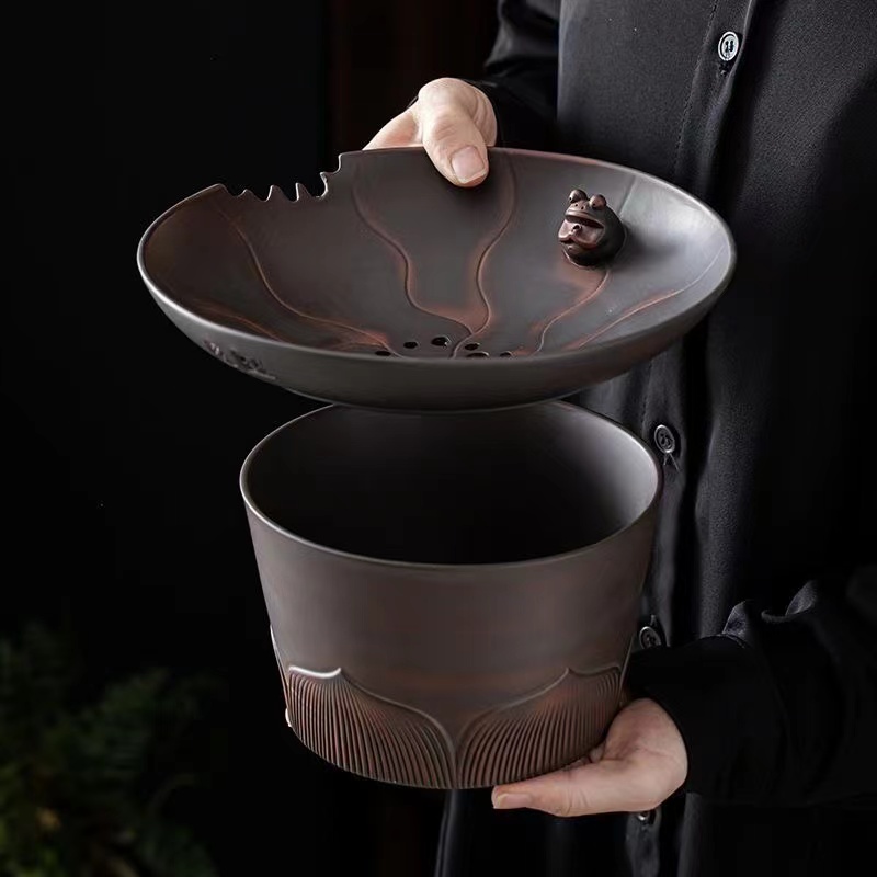 紫陶茶渣缸陶瓷过滤茶渣桶单个带盖式创意复古风特色茶洗茶盅水孟