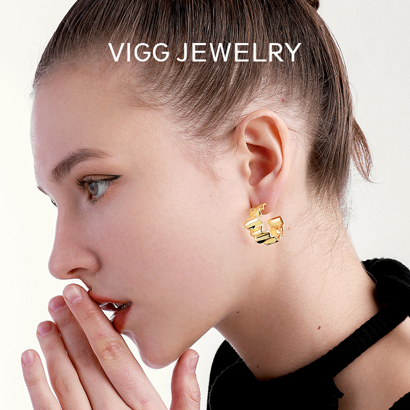 VIGG 铜合金耳饰 波浪褶耳钉 轻奢简约项链耳环时尚百搭饰品