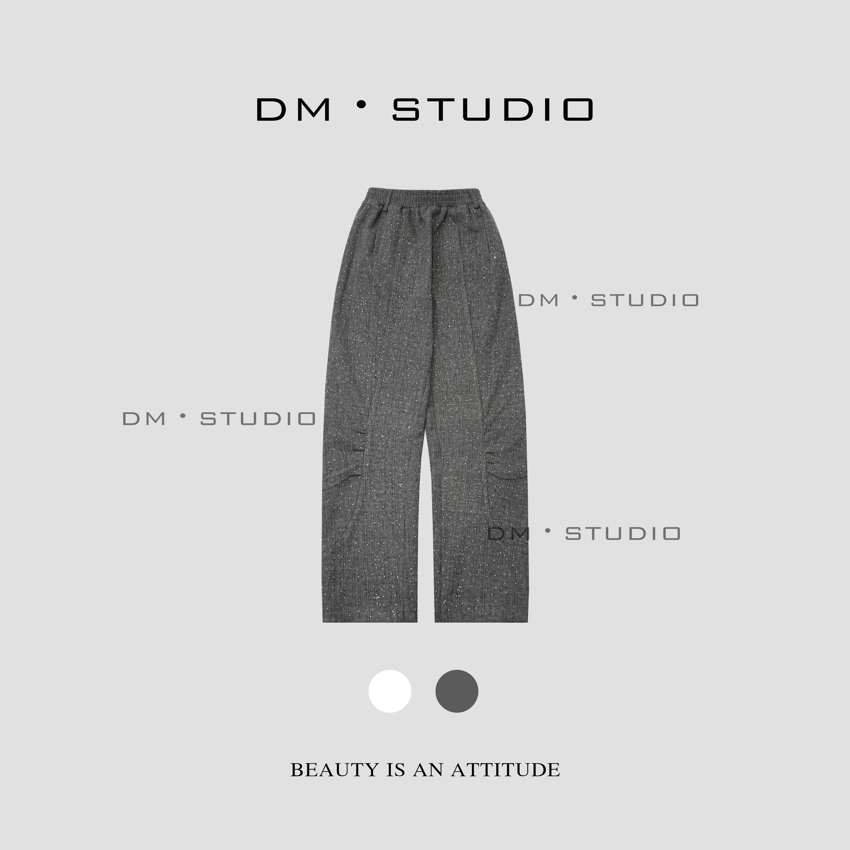 DM•STUDIO/小众设计师款剪裁灰色满天星烫钻休闲拖地裤（8013X）