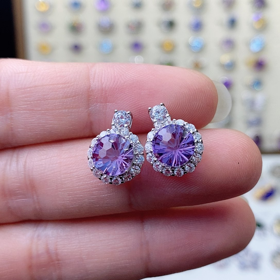 紫晶耳饰银S925镶嵌需要证书备注