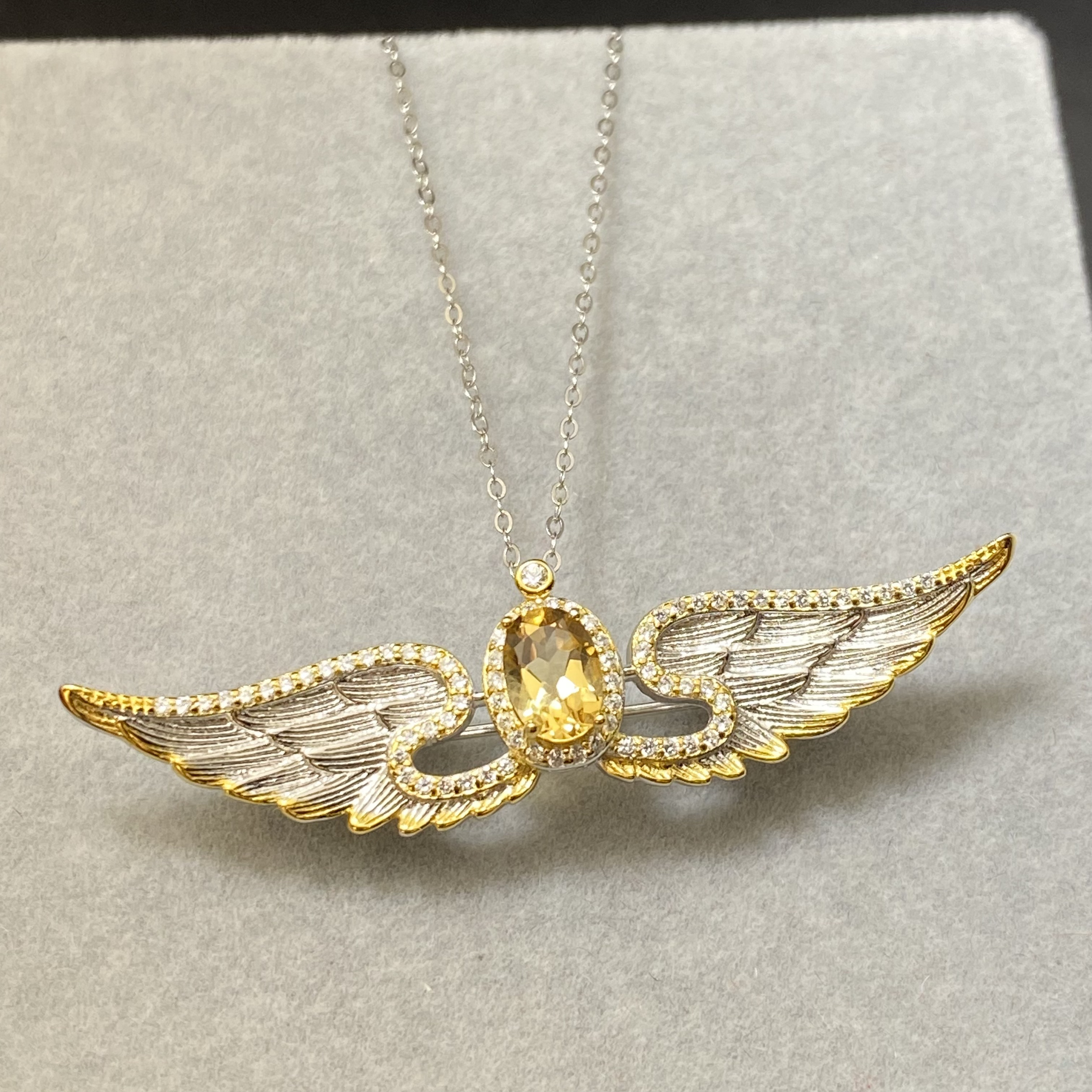 翅膀胸针吊坠两用款天然黄水晶通体s925银镶嵌5*7创意饰品