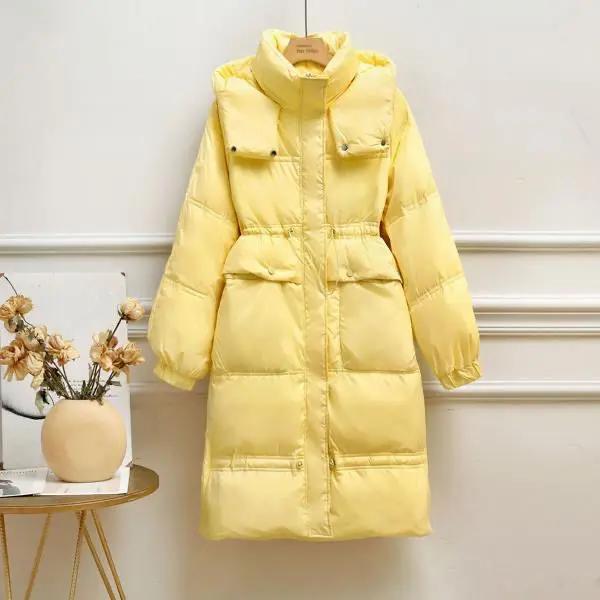 时尚2023年羽绒服女中长款宽松加厚大口袋连帽白鸭绒冬季外套