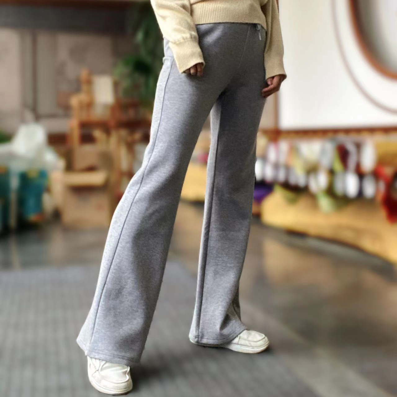 櫟丝御锦天然柞蚕丝女一体绒初春喇叭裤高腰显瘦家居裤 9624C902