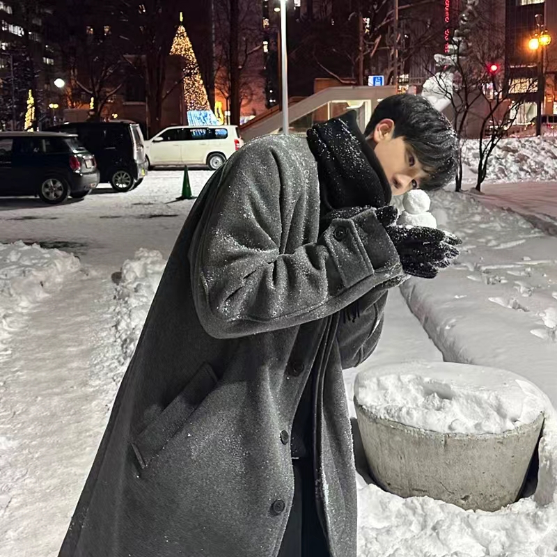 中长款毛呢大衣男2023秋冬季英伦雅痞男装韩系高级感立领风衣外套