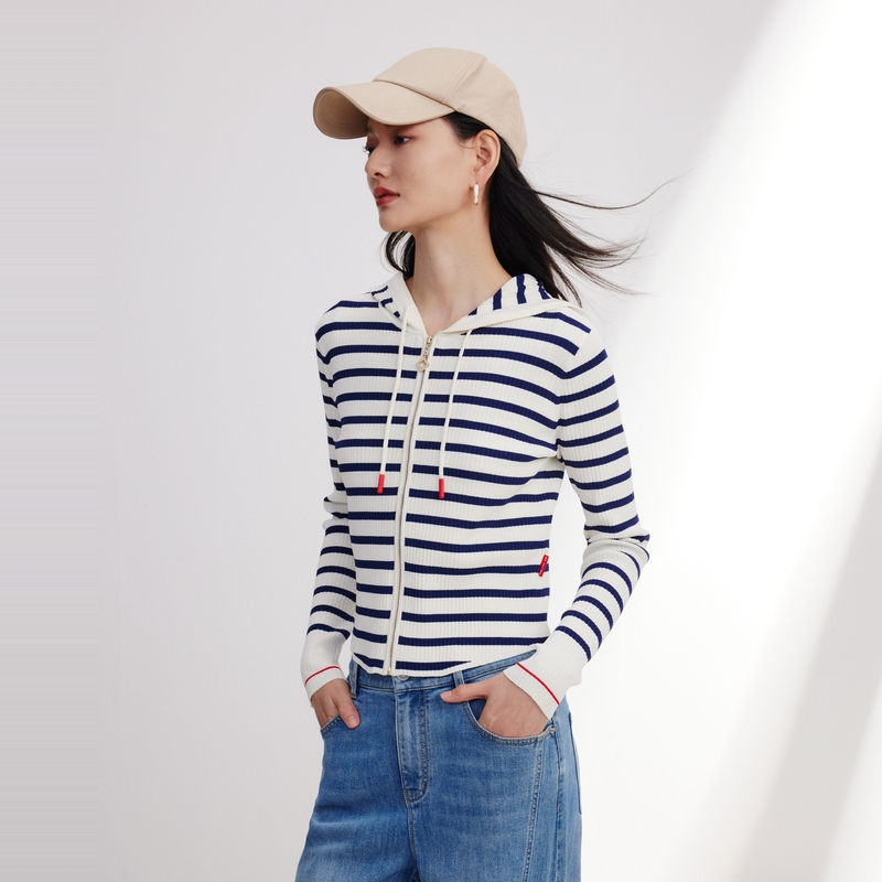EP YAYING雅莹女装 撞色条纹连帽拉链针织开衫 新品9116A