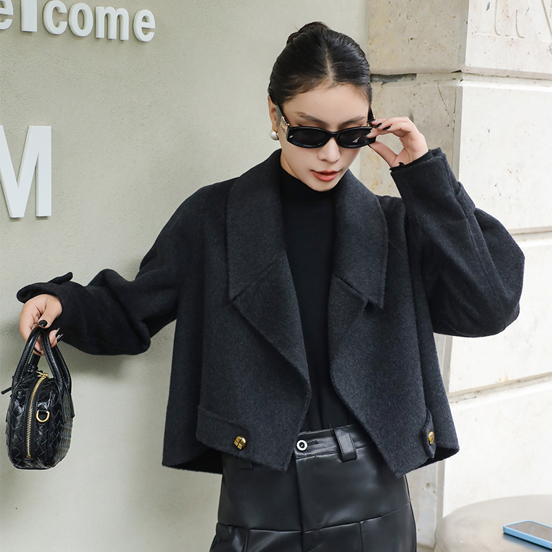高端双面羊绒大衣女短款秋冬新款小个子韩版宽松设计感羊毛呢外套
