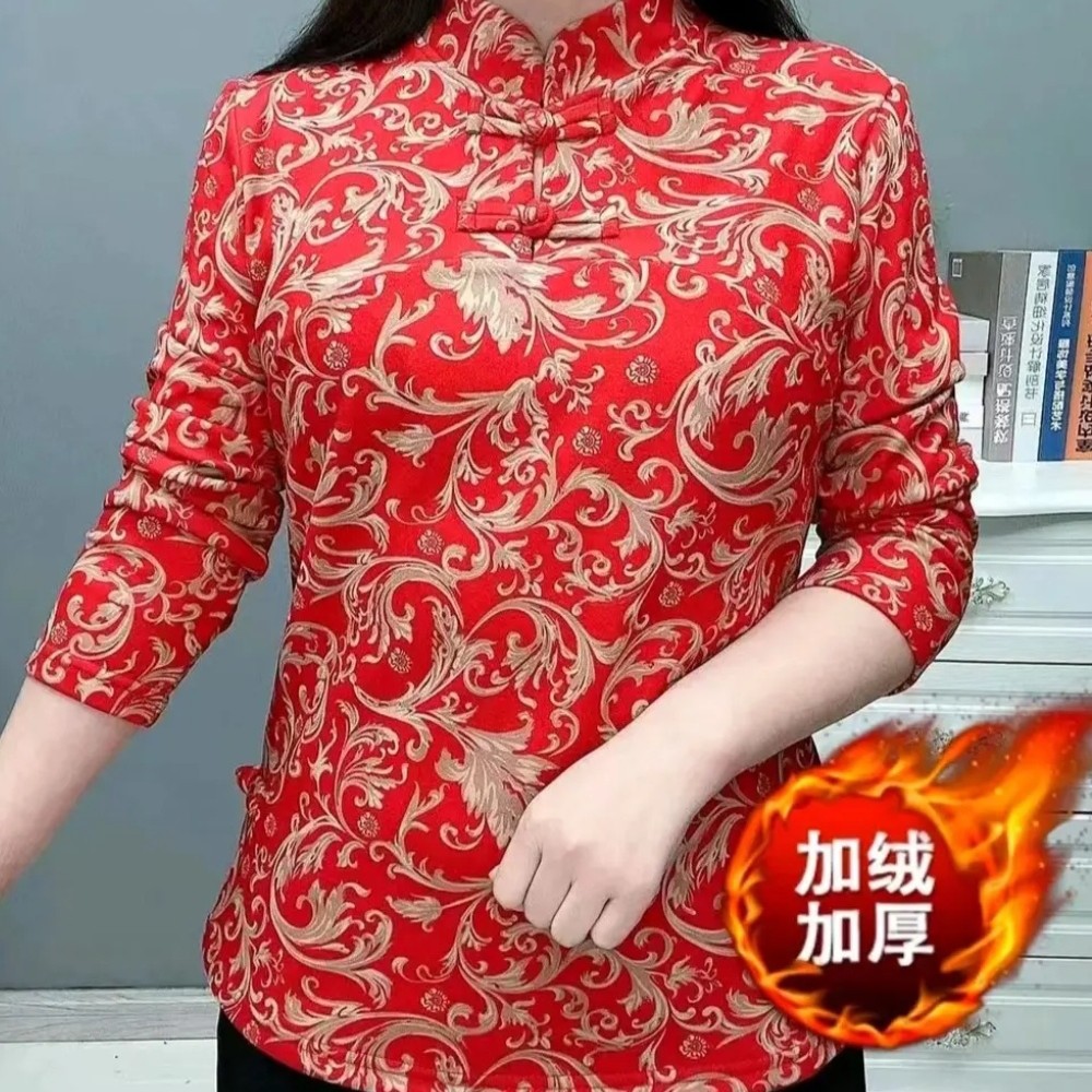 冬款双面一体绒打底侧开叉复古民族风修身显瘦妈妈装盘扣旗袍小衫