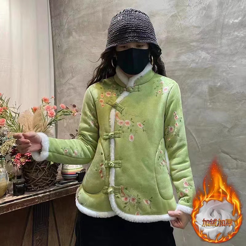 加绒加厚东北大花棉袄女冬装旗袍棉衣妈妈装名族风盘扣唐装女外套