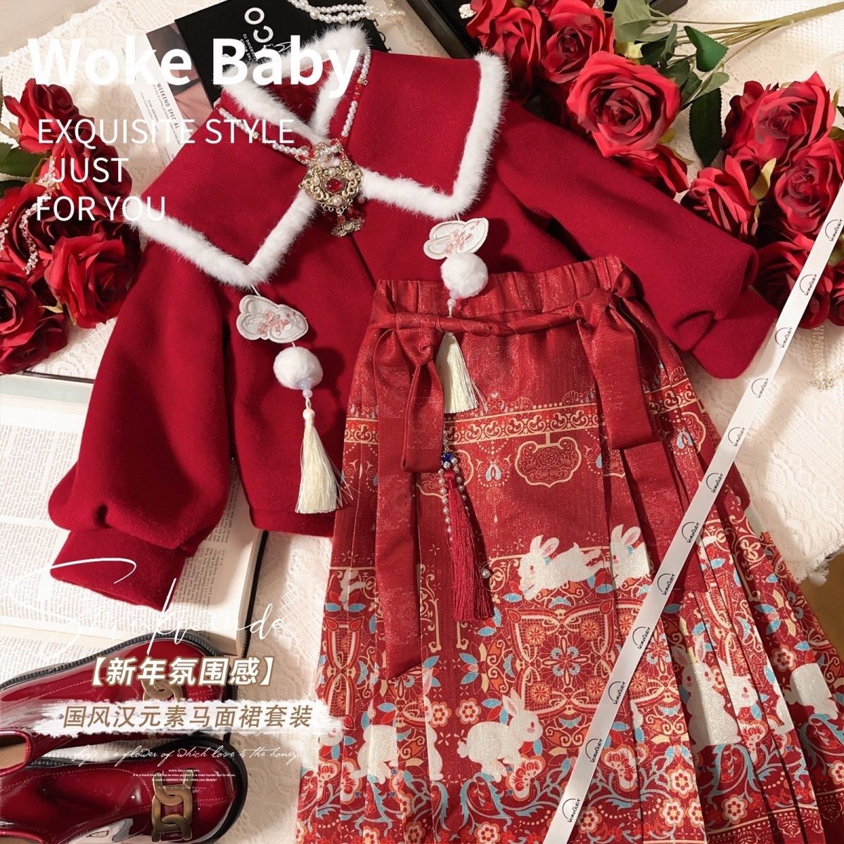 女童冬季套装新款女宝宝冬装中国风加绒外套裙子拜年服两件套