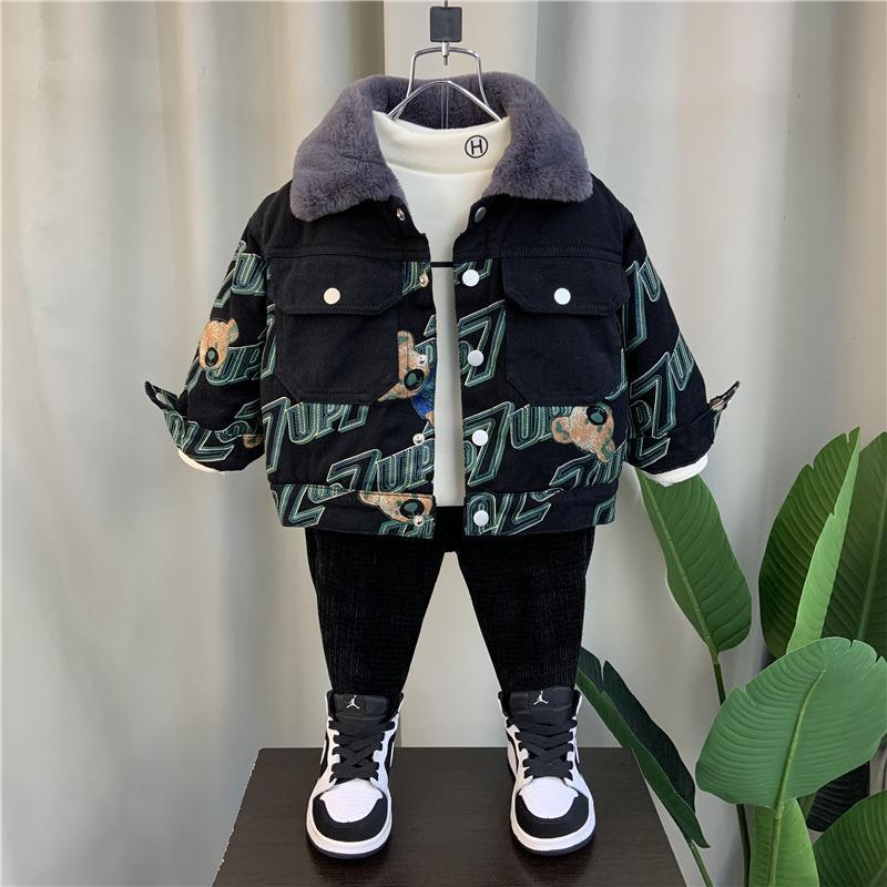 冬款冬装加绒外套新款洋气宝宝冬季网红小童男孩儿童加厚夹克