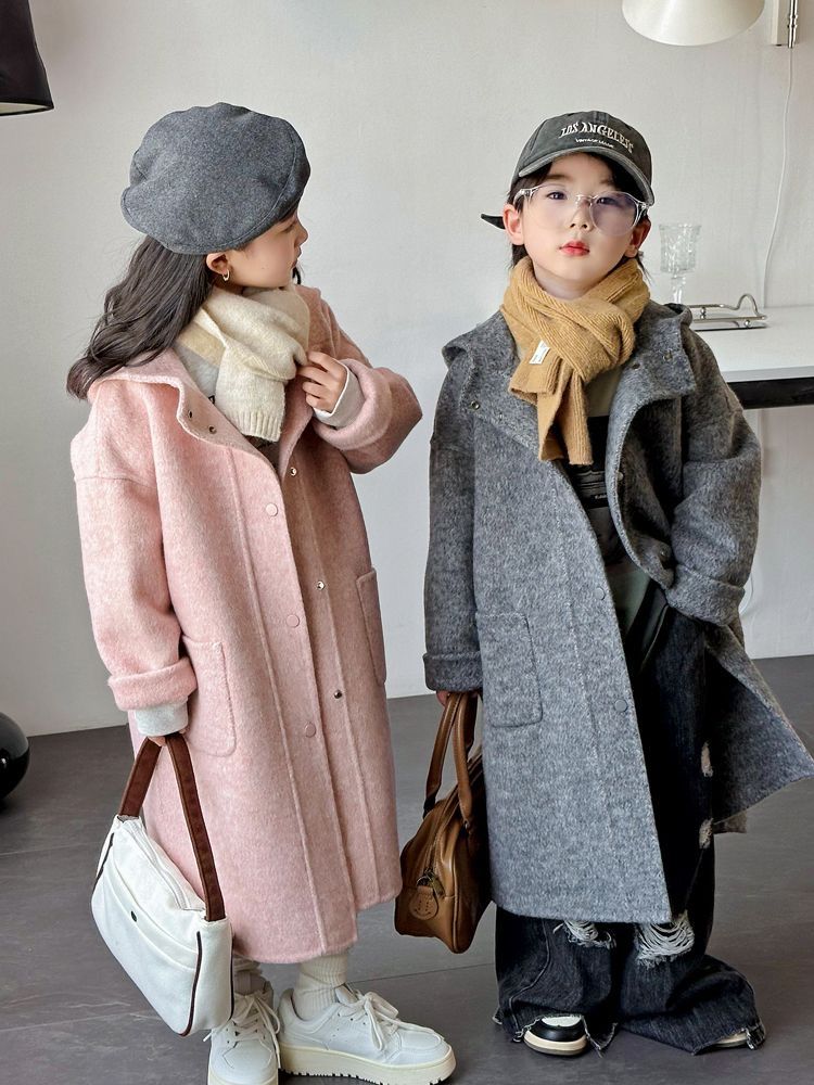 韩国童装双面毛呢大衣新款男女童洋气中长款高级风衣连帽加厚外套