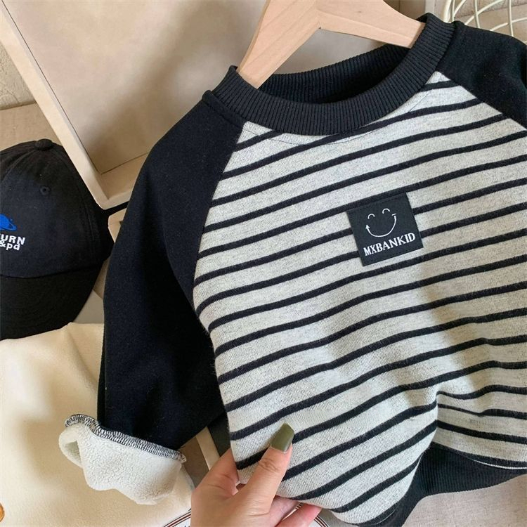 儿童加绒卫衣男宝长袖插肩加绒小童衫洋气打底休闲黑灰色笑脸卫衣