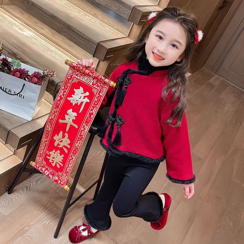 女童汉服两套装唐装国风秋冬新款拜年服装盘扣上衣喇叭裤女孩