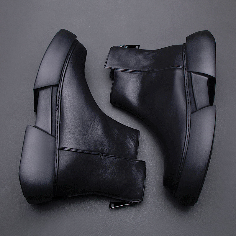 百丽纯爱牛皮马丁靴男冬季加绒后拉链真皮短靴高帮皮鞋厚底增高靴