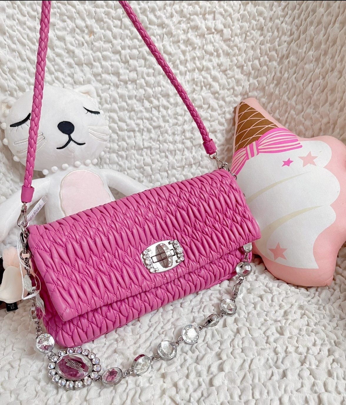 95新 MIU MIU/缪缪 芭比粉宝石链条单肩包