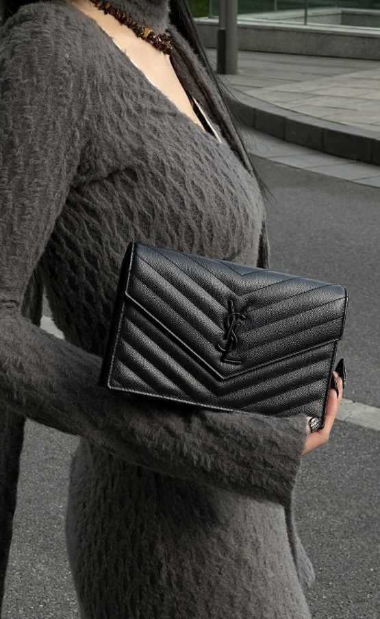 95新 YSL/圣罗兰 荔枝牛黑标中号信封包