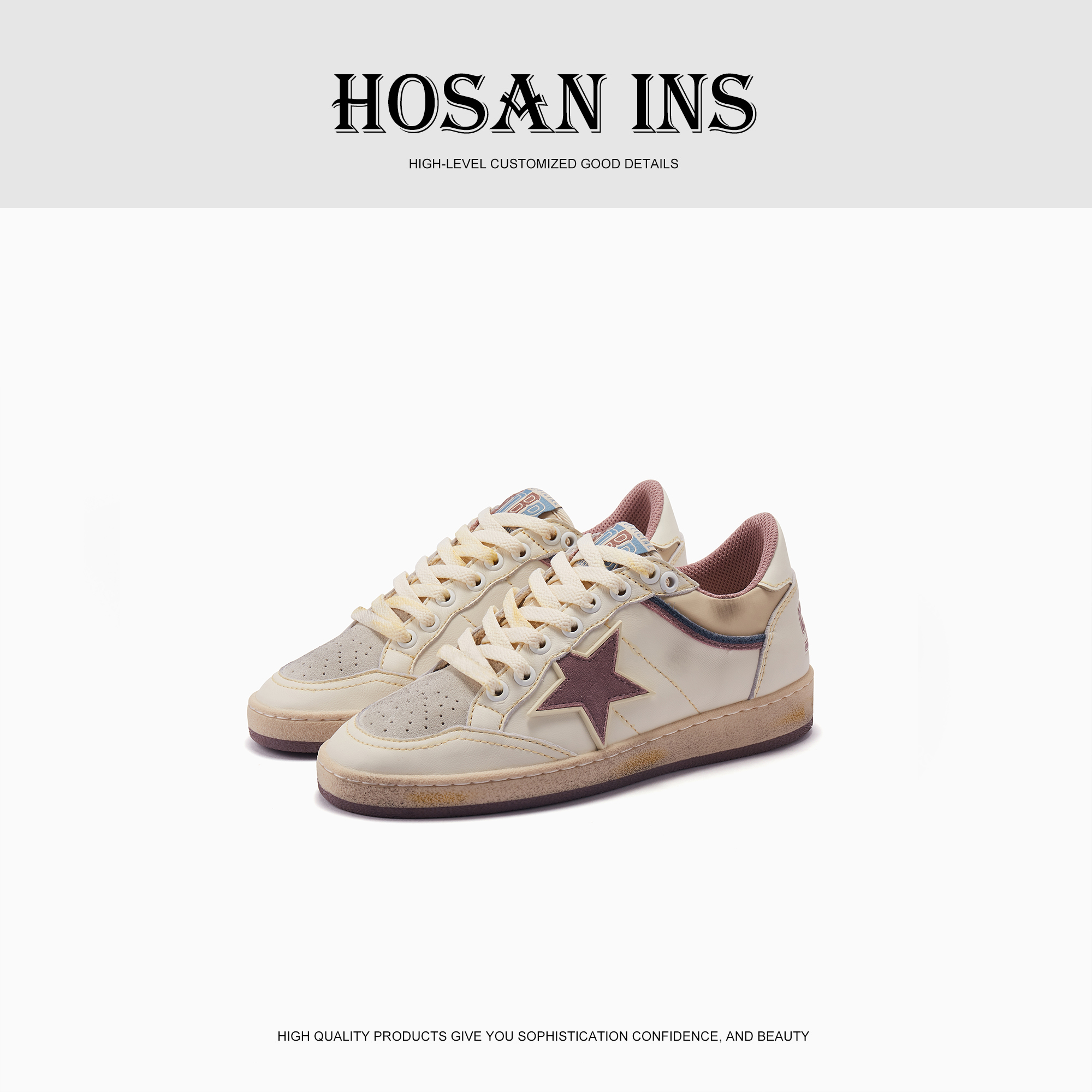 HOSAN2024新款女士复古芋泥紫色内增高星星脏脏鞋个性时尚休闲鞋