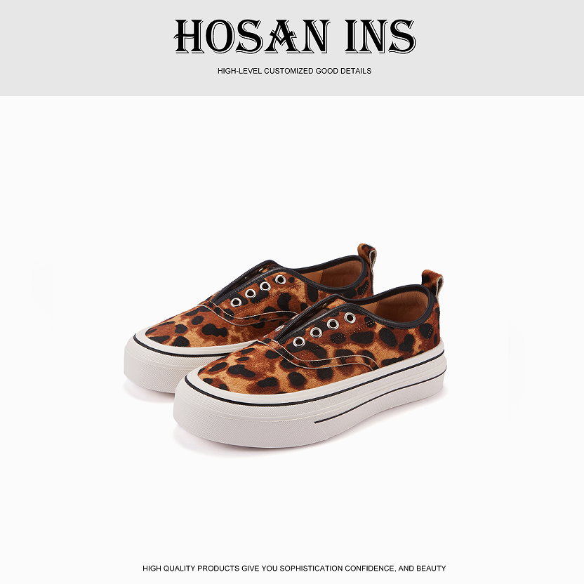 HOSAN新款小香风手工鞋马皮一脚蹬夏秋季轻薄皮面帆布鞋厚底低帮