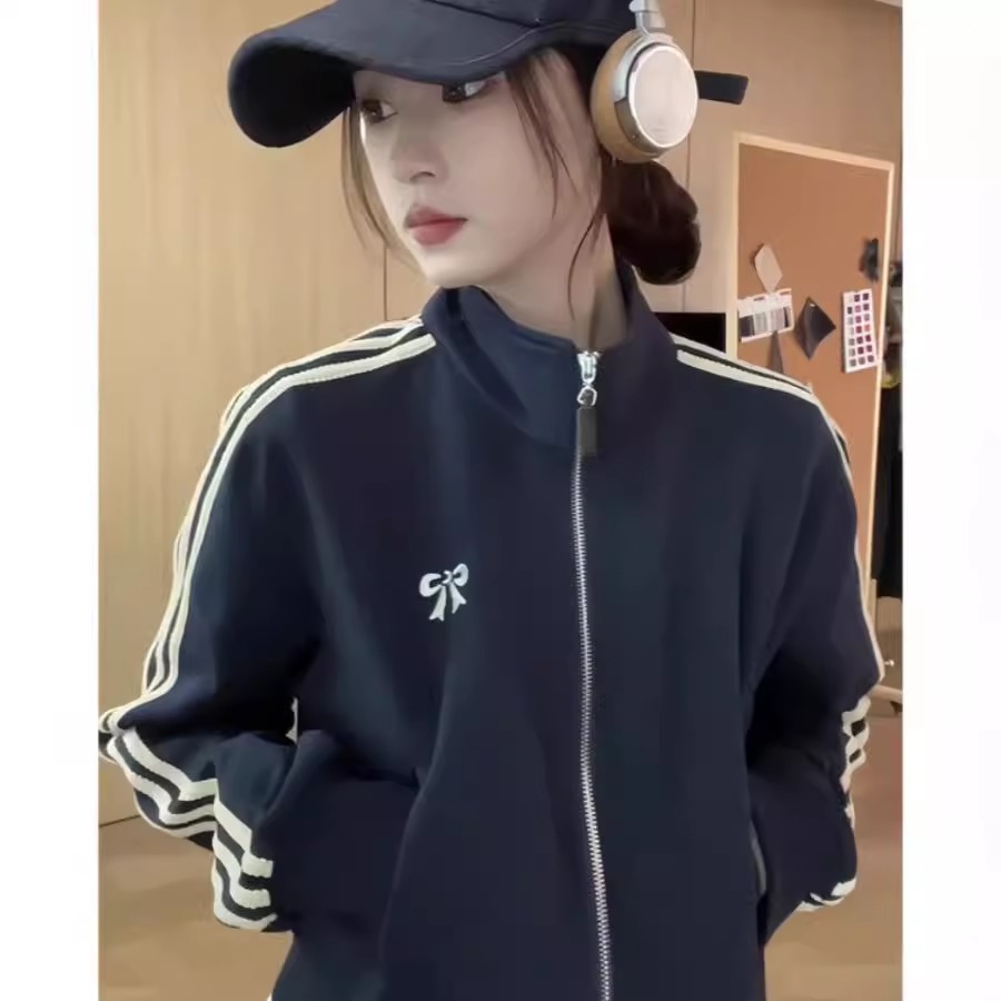 蝴蝶结刺绣立领长袖卫衣女秋冬新款格子小个子休闲短款开衫外套