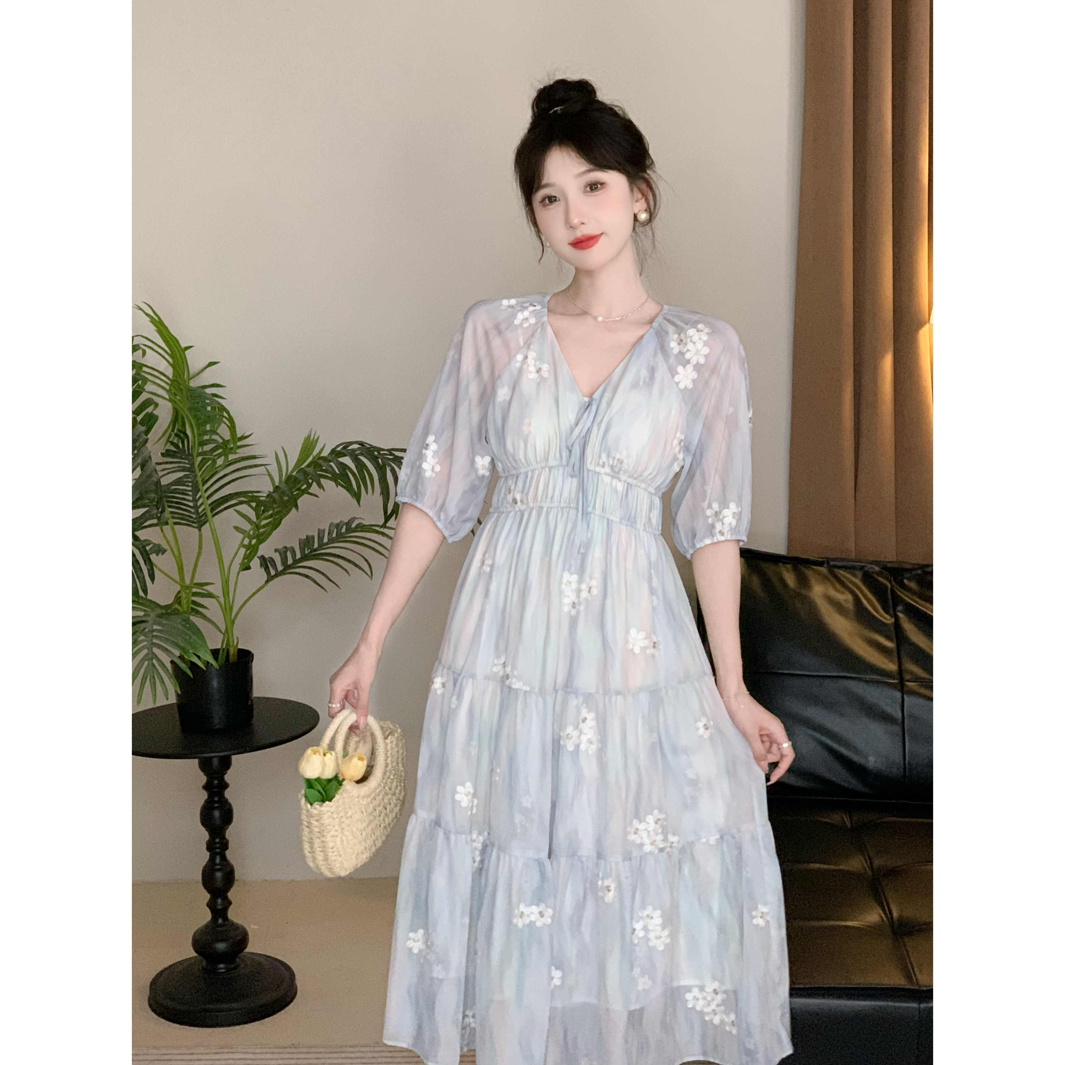 SHAOE清仓专场【琉璃清兰】连衣裙女绣花印花v领显瘦清凉女装连衣裙