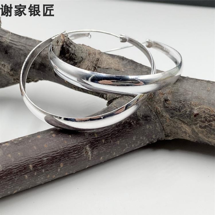 谢家银匠 足银耳饰 纯银光面素圈耳圈   简约气质耳环 圆圈亮面