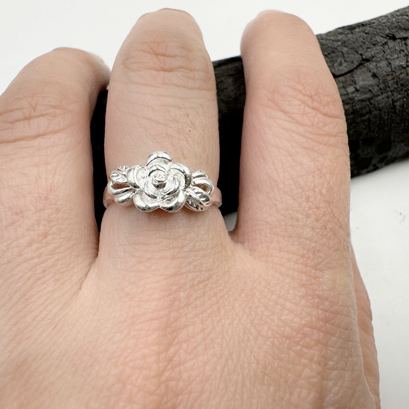 谢家银匠 足银戒指 999纯银白玫瑰花戒指素款手工花戒指可调节
