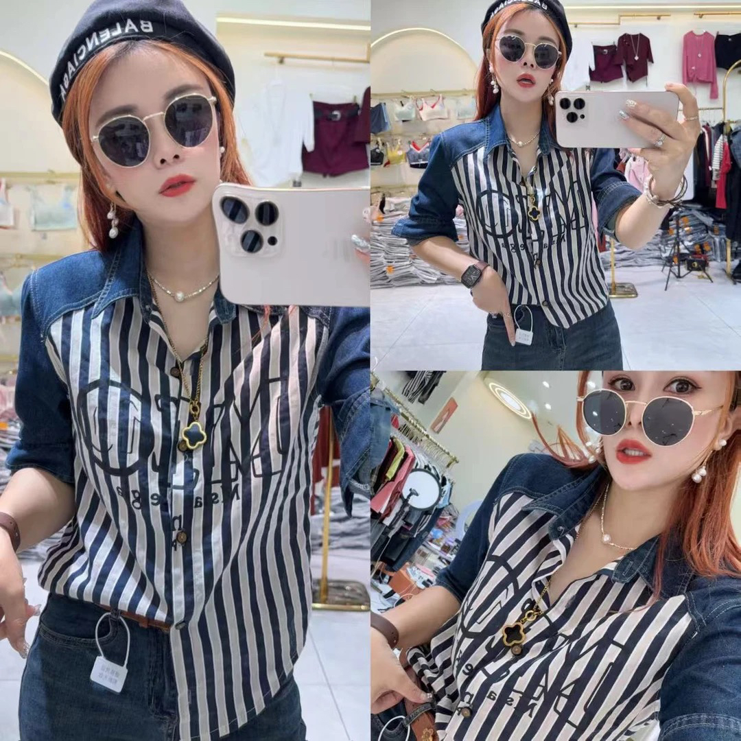 新款欧货拼接条纹洋气特色衬衣092