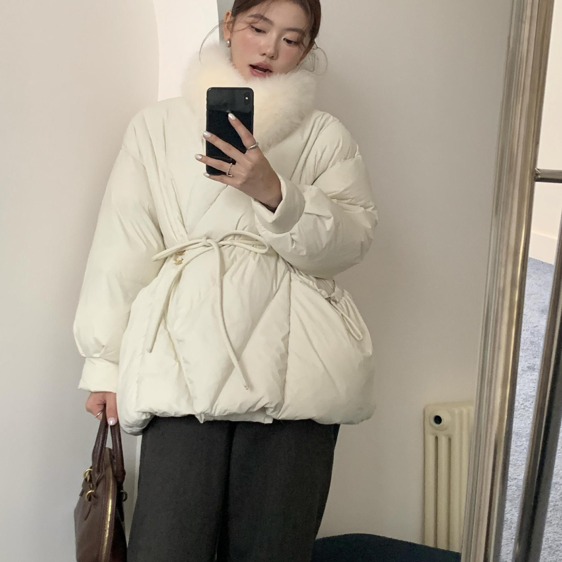 新中式国风羽绒服女短款围脖户外毛收白鸭绒外套短款羽绒服女