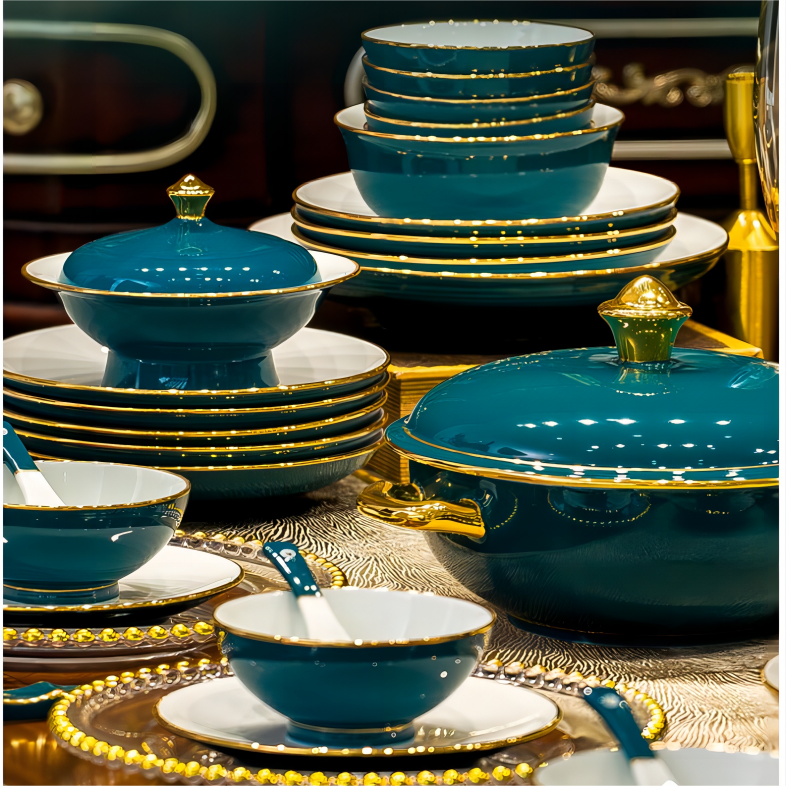 景德镇高白瓷餐具釉下彩宝石釉碗盘碟套装家用轻奢高档陶瓷器乔迁